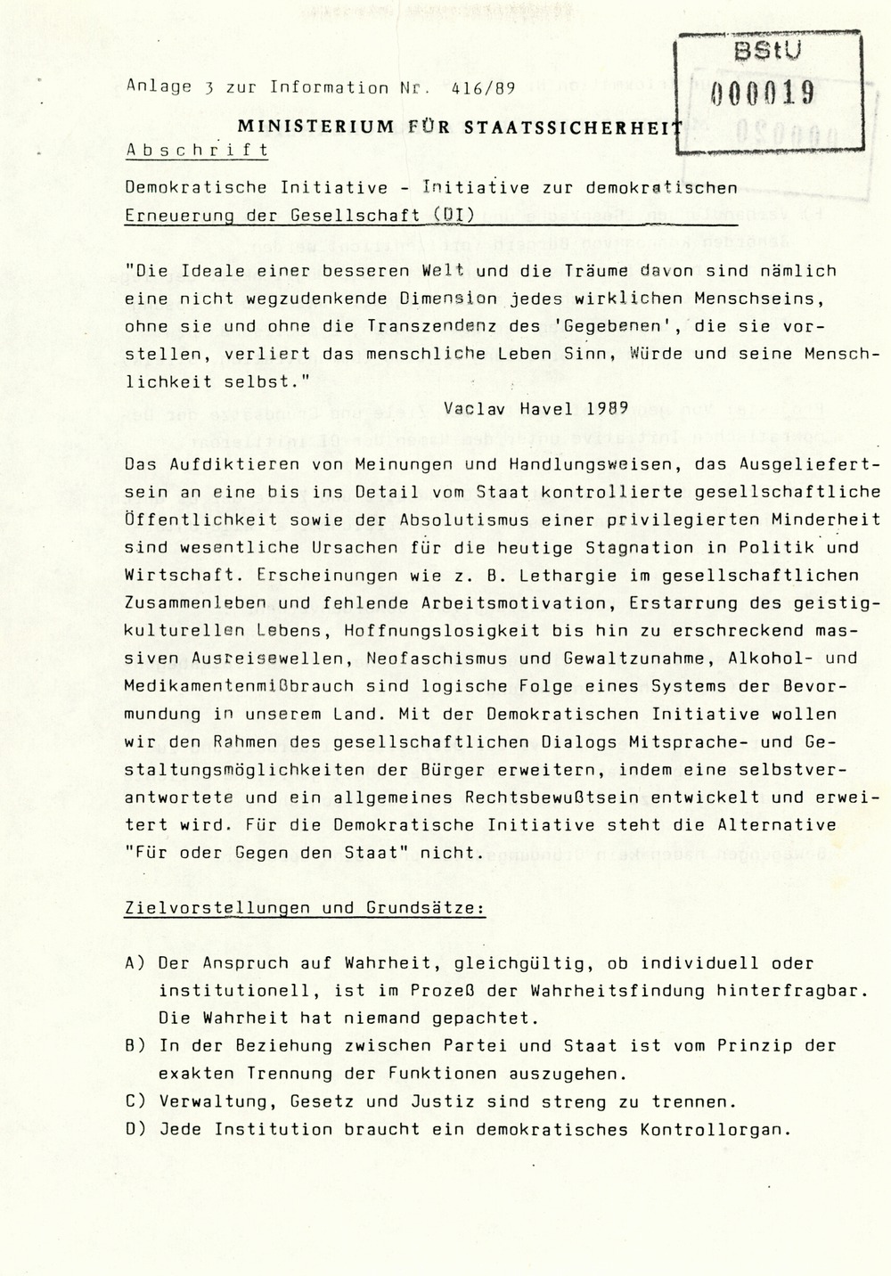 Information über Bestrebungen oppositioneller Kräfte zur Schaffung DDR-weiter Sammlungsbewegungen