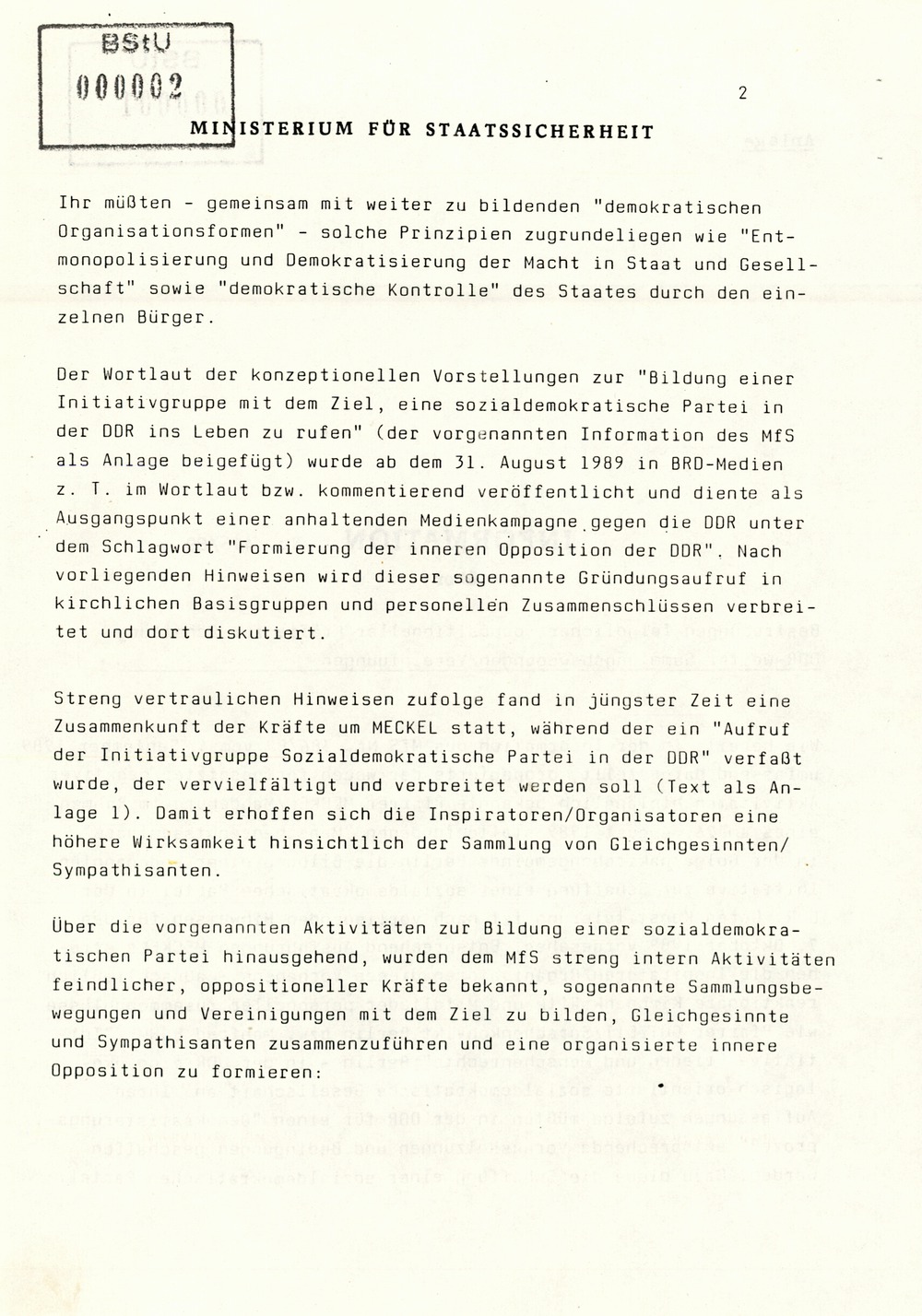 Information über Bestrebungen oppositioneller Kräfte zur Schaffung DDR-weiter Sammlungsbewegungen