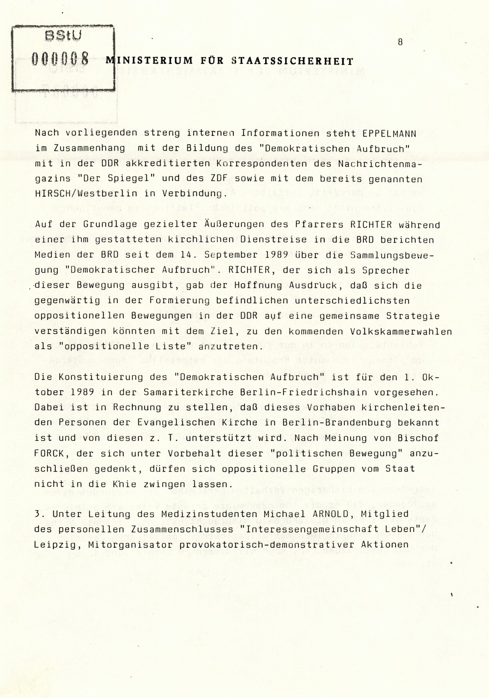 Information über Bestrebungen oppositioneller Kräfte zur Schaffung DDR-weiter Sammlungsbewegungen