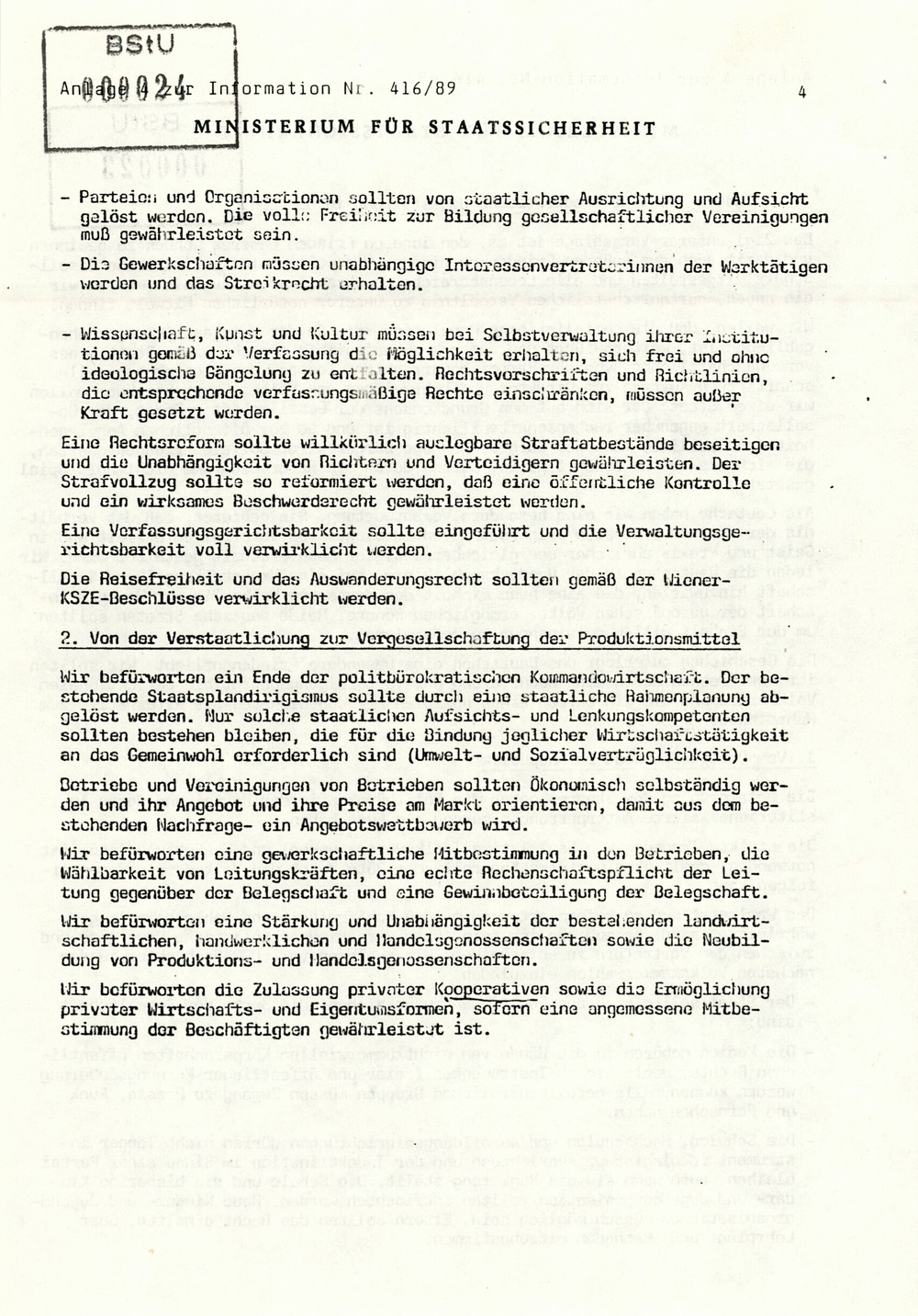 Information über Bestrebungen oppositioneller Kräfte zur Schaffung DDR-weiter Sammlungsbewegungen