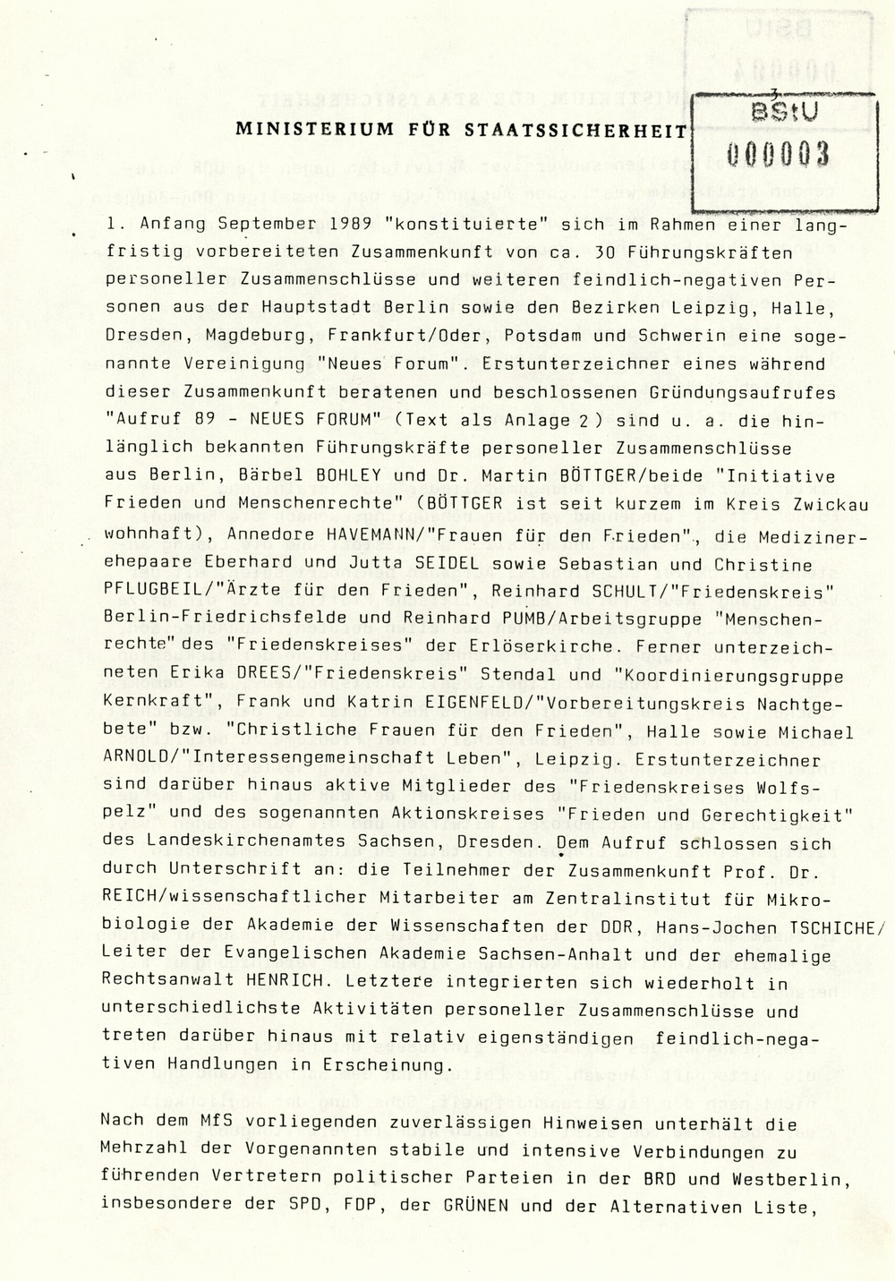 Information über Bestrebungen oppositioneller Kräfte zur Schaffung DDR-weiter Sammlungsbewegungen