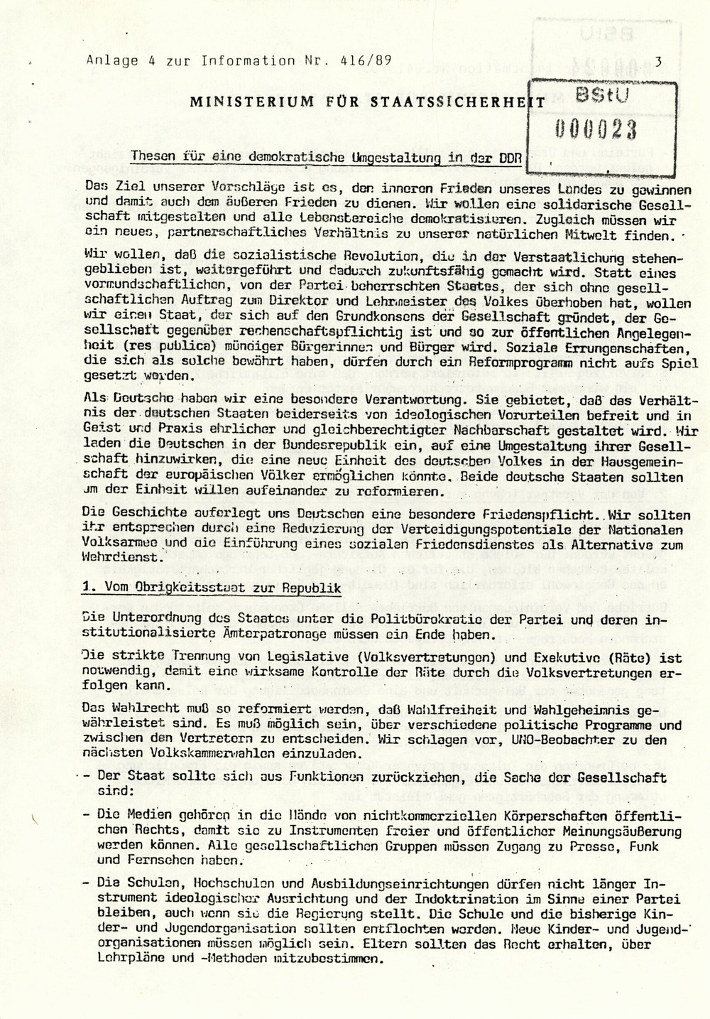 Information über Bestrebungen oppositioneller Kräfte zur Schaffung DDR-weiter Sammlungsbewegungen