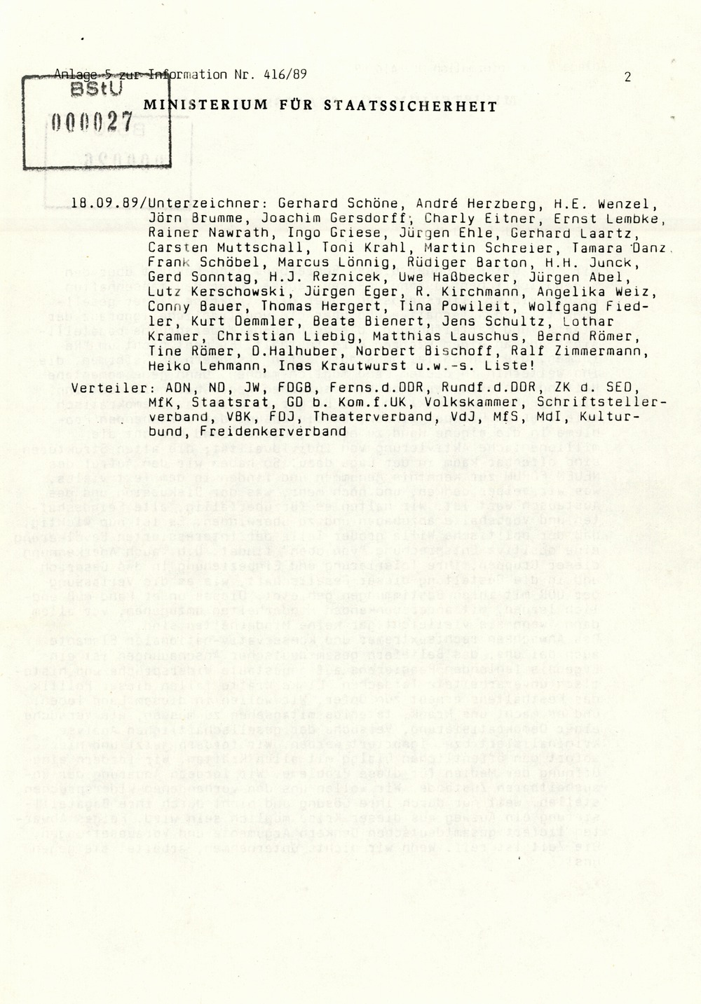 Information über Bestrebungen oppositioneller Kräfte zur Schaffung DDR-weiter Sammlungsbewegungen