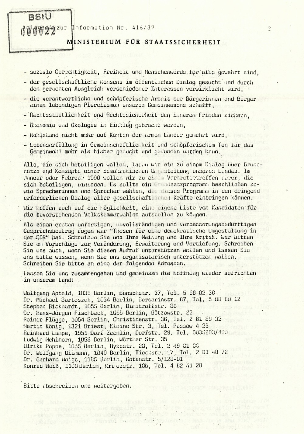 Information über Bestrebungen oppositioneller Kräfte zur Schaffung DDR-weiter Sammlungsbewegungen