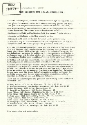 Information über Bestrebungen oppositioneller Kräfte zur Schaffung DDR-weiter Sammlungsbewegungen