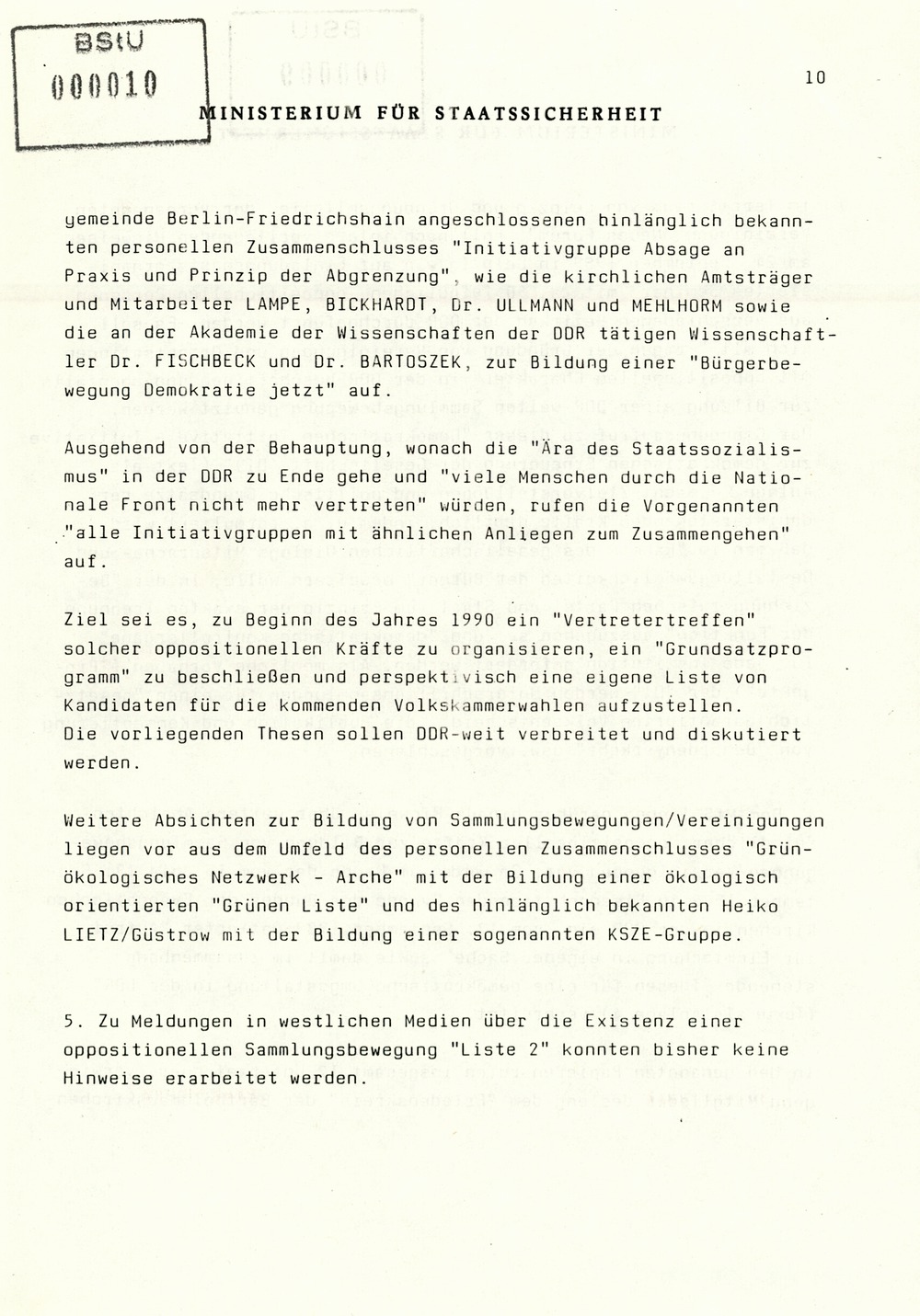 Information über Bestrebungen oppositioneller Kräfte zur Schaffung DDR-weiter Sammlungsbewegungen
