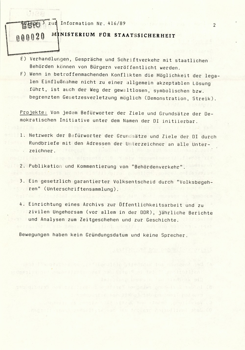 Information über Bestrebungen oppositioneller Kräfte zur Schaffung DDR-weiter Sammlungsbewegungen