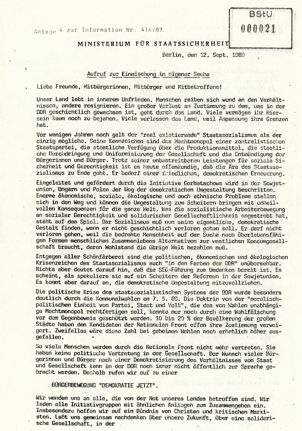 Information über Bestrebungen oppositioneller Kräfte zur Schaffung DDR-weiter Sammlungsbewegungen