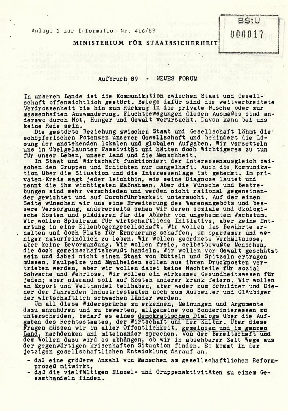 Information über Bestrebungen oppositioneller Kräfte zur Schaffung DDR-weiter Sammlungsbewegungen