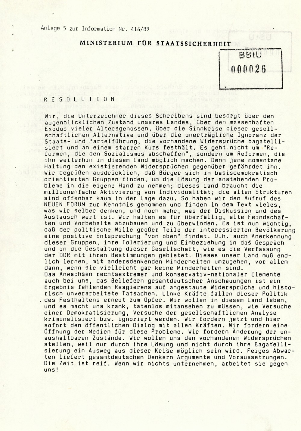 Information über Bestrebungen oppositioneller Kräfte zur Schaffung DDR-weiter Sammlungsbewegungen