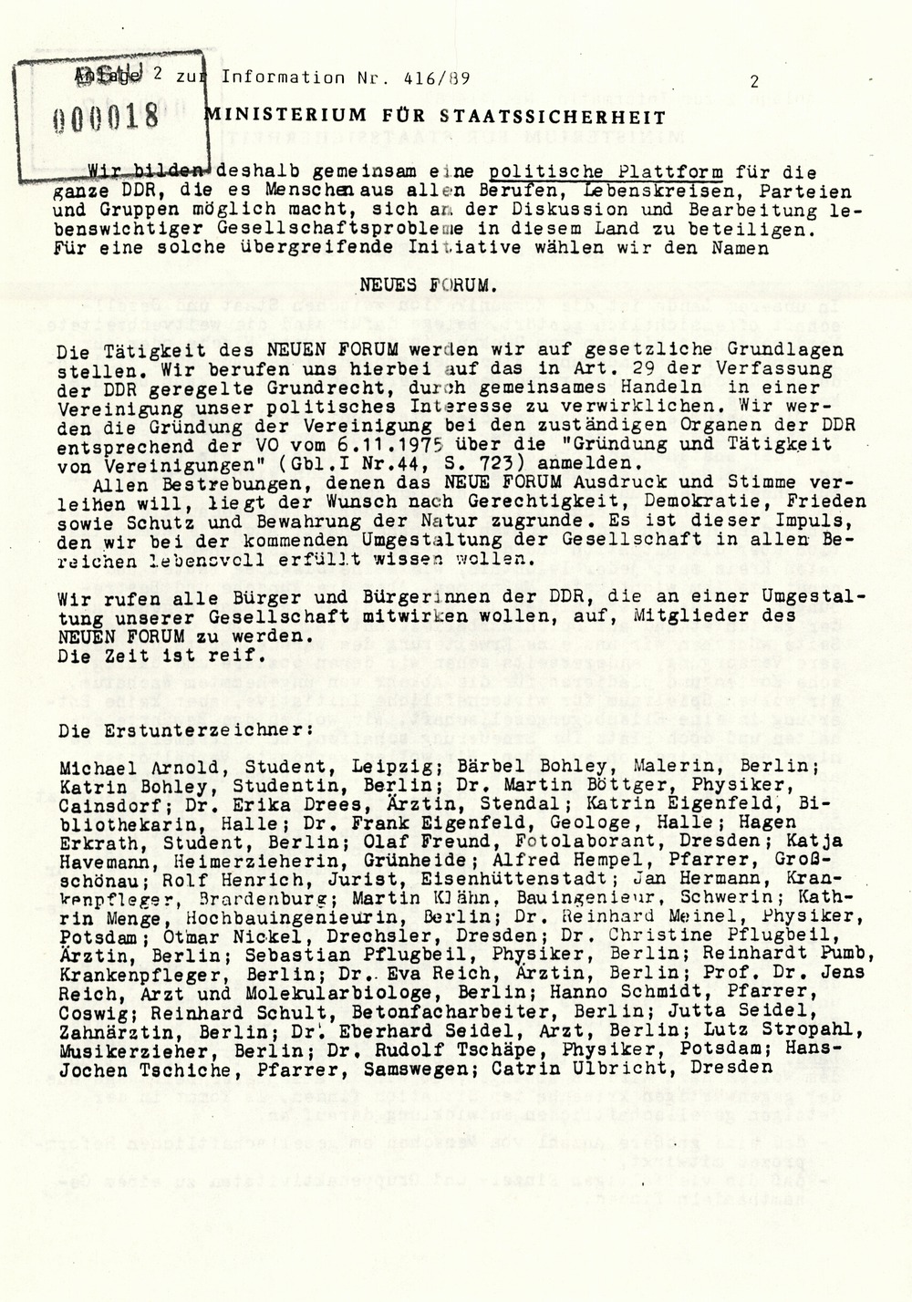 Information über Bestrebungen oppositioneller Kräfte zur Schaffung DDR-weiter Sammlungsbewegungen