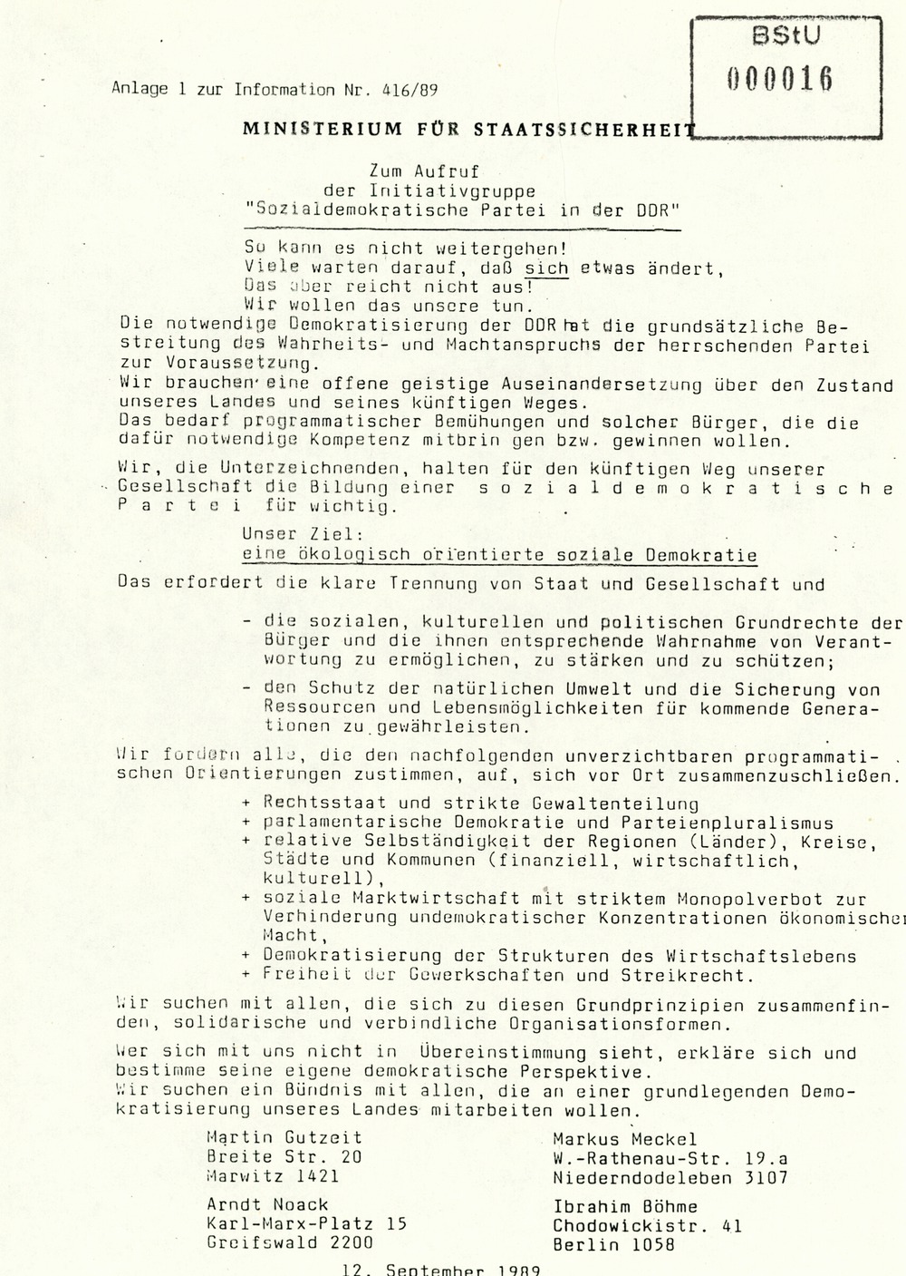 Information über Bestrebungen oppositioneller Kräfte zur Schaffung DDR-weiter Sammlungsbewegungen