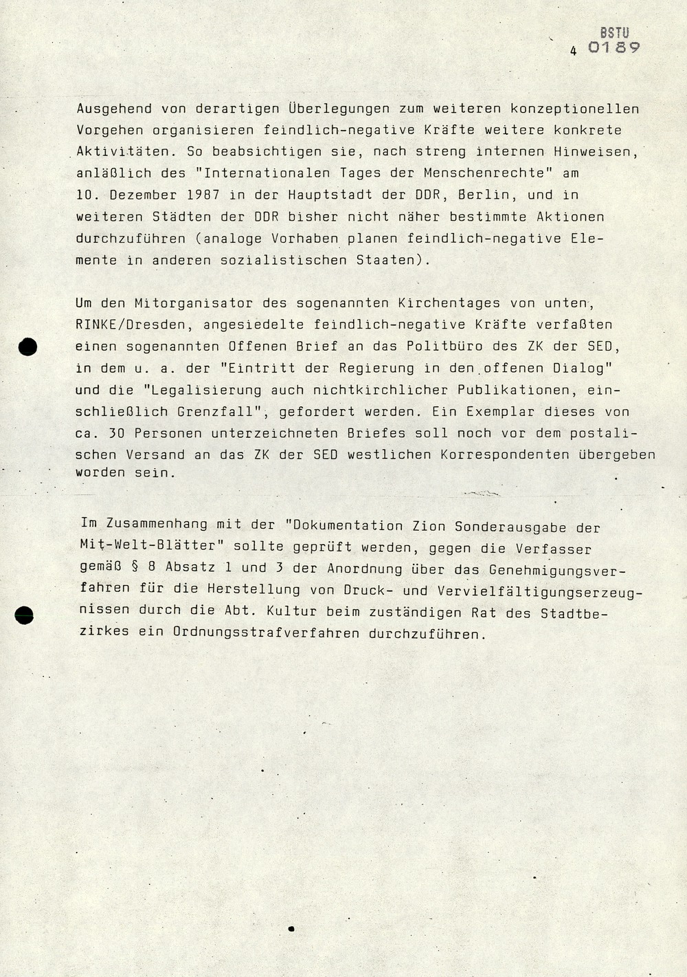 Bericht zur Verhinderung der Herausgabe des „Grenzfall“ und den Ereignissen um die Zionskirche und der Umweltbibliothek