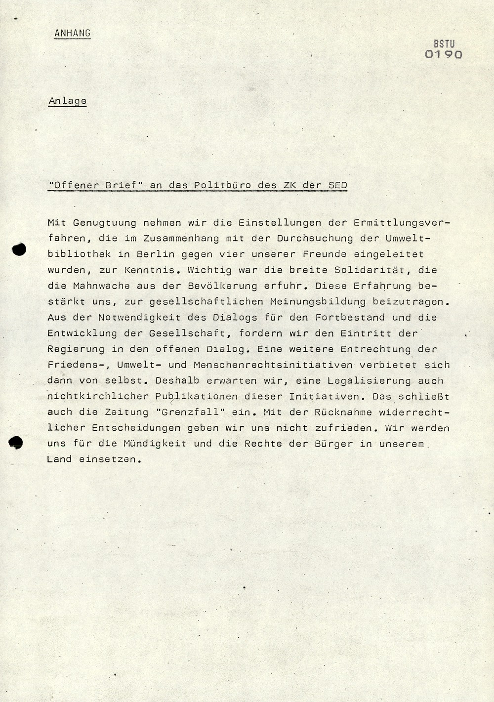 Bericht zur Verhinderung der Herausgabe des „Grenzfall“ und den Ereignissen um die Zionskirche und der Umweltbibliothek