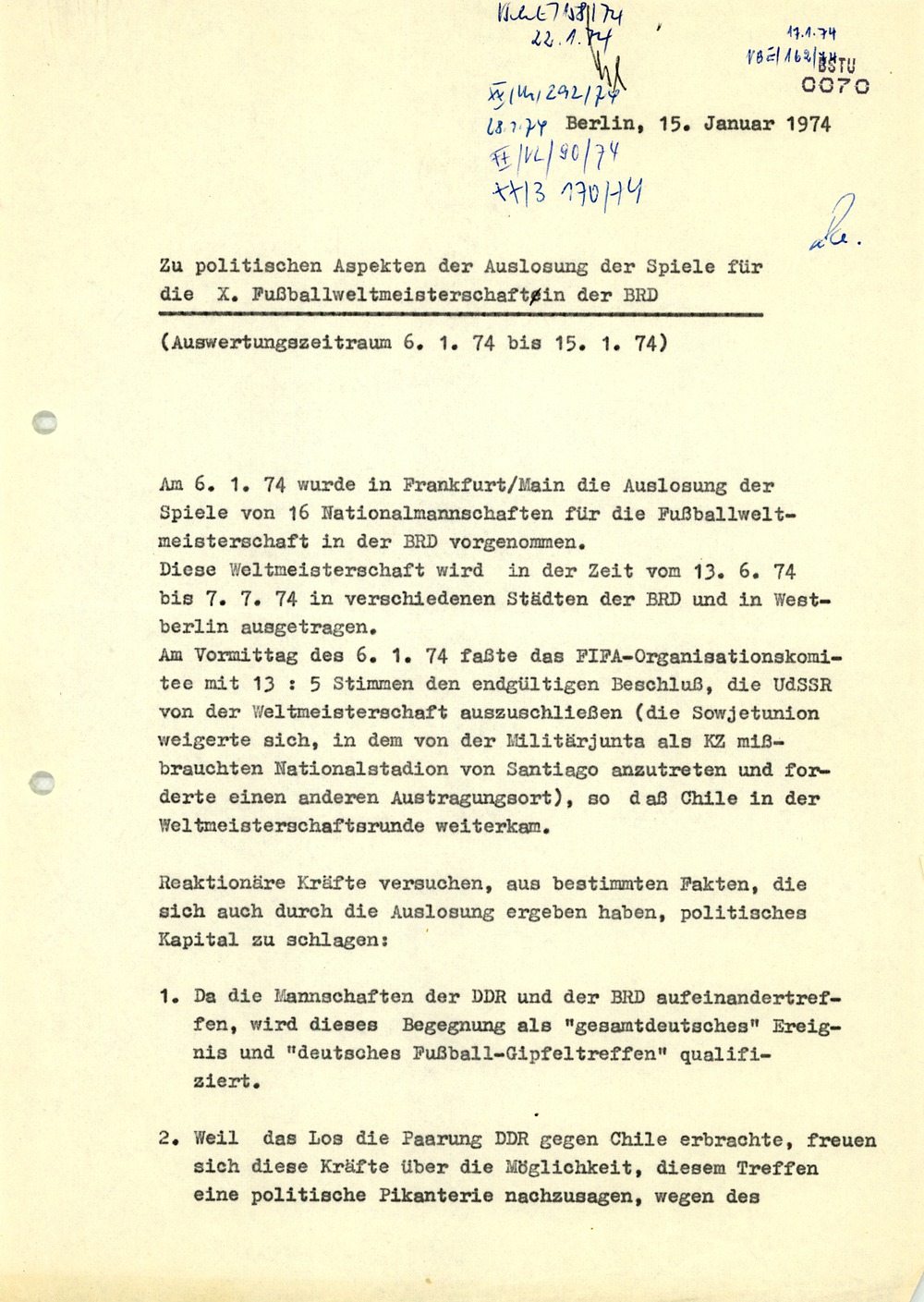 Politische Aspekte der Auslosung zur Fußball-Weltmeisterschaft 1974 Mediathek des Stasi-Unterlagen-Archivs