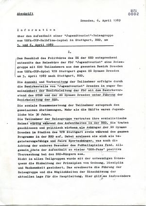Bericht zum Aufenthalt einer Jugendreisegruppe zum UEFA-Cup-Halbfinalspiel in Stuttgart am 5. und 6. April 1989