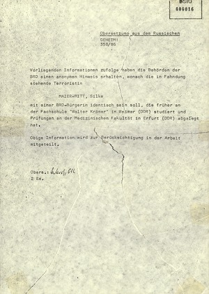 Sowjetische Hinweise auf die Enttarnung von "Angelika Gerlach" (Silke Maier-Witt)