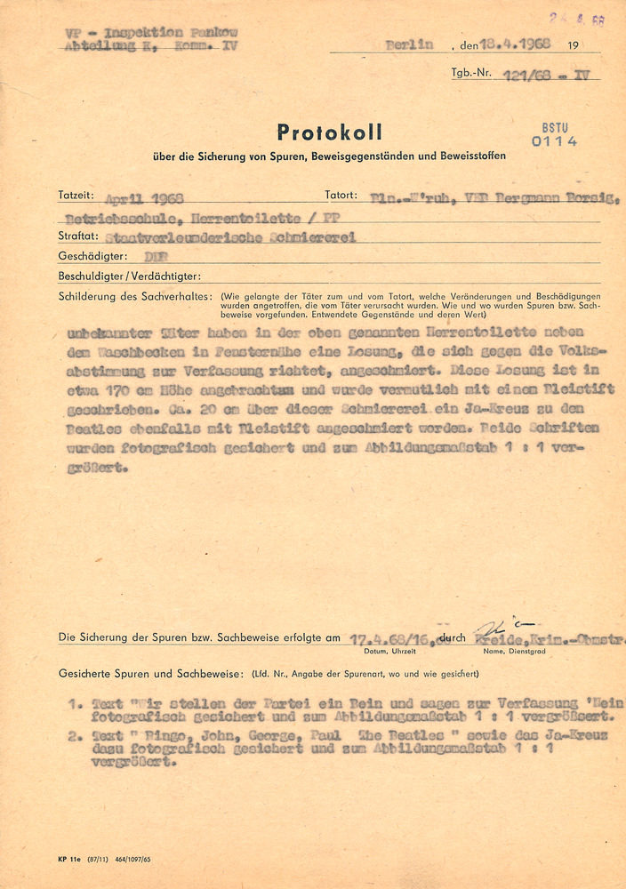 Information der Volkspolizei-Inspektion Pankow über "staatsverleumderischen" Spruch zum Volksentscheid
