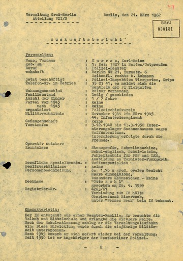 "Auskunftsbericht" von 1962 über GM "Otto Bohl" alias Karl-Heinz Kurras