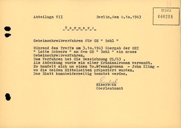 Bericht über die Übergabe des "Geheimschreibverfahrens CL/63" an den GM "Otto Bohl"