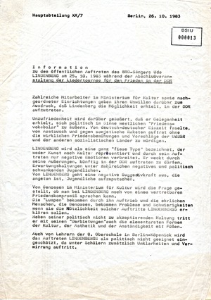 Information zum öffentlichen Auftreten Udo Lindenbergs während seines Konzertes in Ost-Berlin