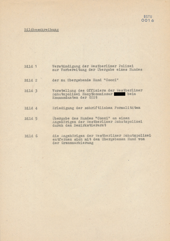 Fotos zur Übergabe des in den Nachtstunden vom 21. Februar 1985 an der Staatsgrenze der DDR zu Berlin (West) aufgegriffenen Hundes