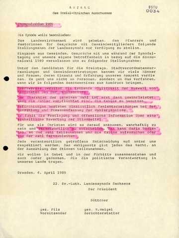 Beschluss der 22. Landessynode Sachsens zu den Kommunalwahlen 1989