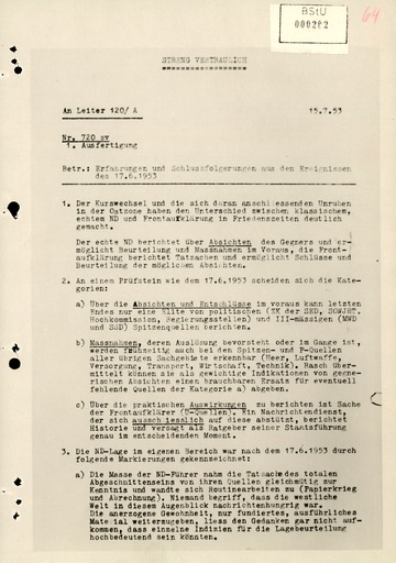 Schreiben der Organisation Gehlen zu Erfahrungen und Schlussfolgerungen aus dem Volksaufstand in der DDR