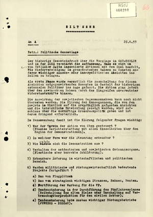 Schreiben der Organisation Gehlen zur Politischen Gesamtlage in der DDR