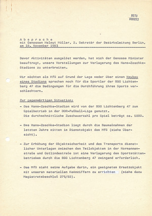 Protokoll einer Absprache zwischen MfS und Bezirksleitung Berlin zur Verlagerung des Hans-Zoschke-Stadions von 1983