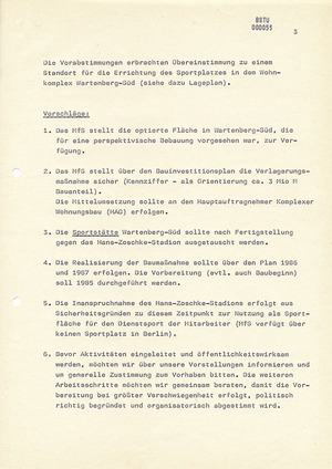 Protokoll einer Absprache zwischen MfS und Bezirksleitung Berlin zur Verlagerung des Hans-Zoschke-Stadions von 1983