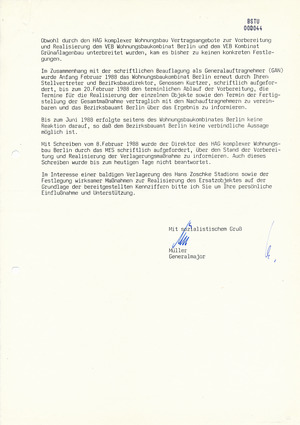 Schreiben an den Oberbürgermeister von Berlin zur Verlagerung des Hans-Zoschke-Stadions von 1988