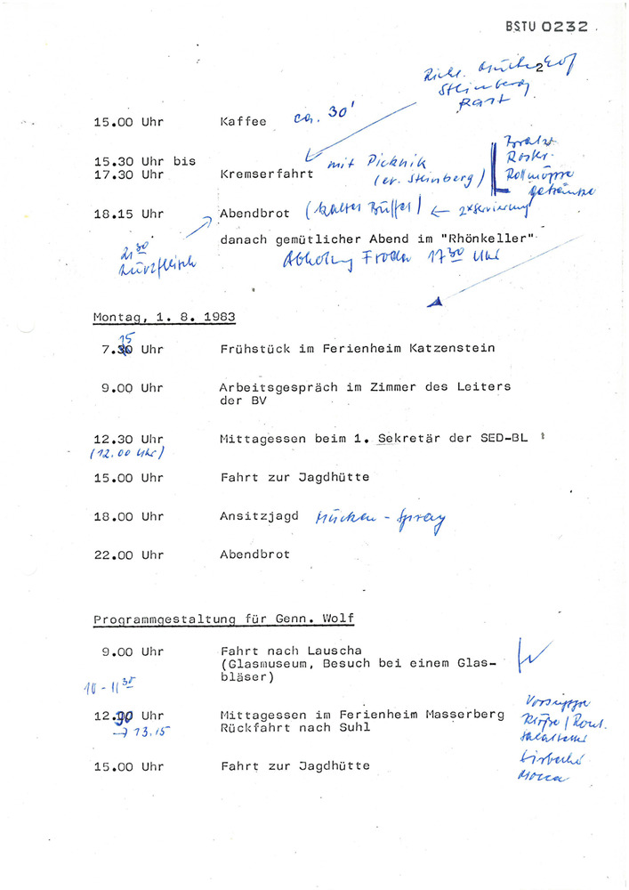 Entwurf zum Ablauf des Besuchs der Familie Wolf im Bezirk Suhl