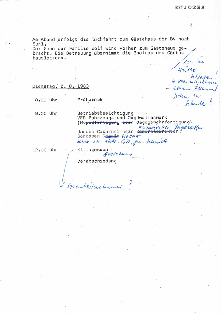 Entwurf zum Ablauf des Besuchs der Familie Wolf im Bezirk Suhl