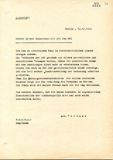 Motive des westdeutschen IM "Hermann" für die Zusammenarbeit mit der Stasi