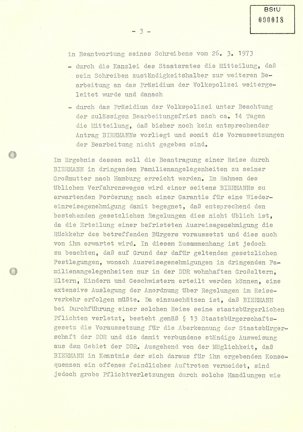 Konzeption zur Ausbürgerung Wolf Biermanns