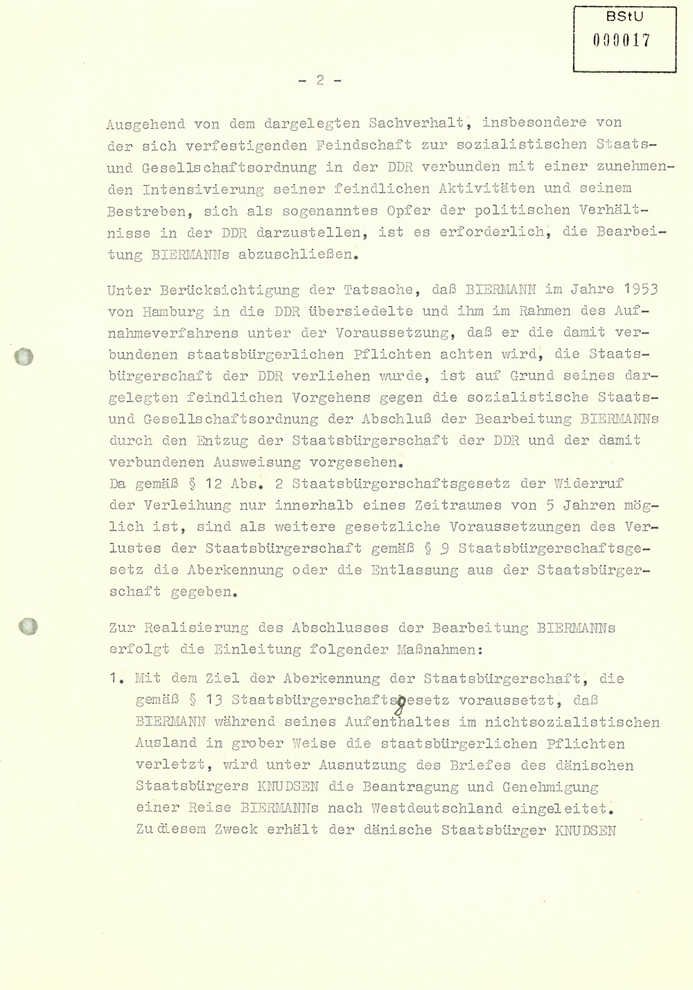 Konzeption zur Ausbürgerung Wolf Biermanns