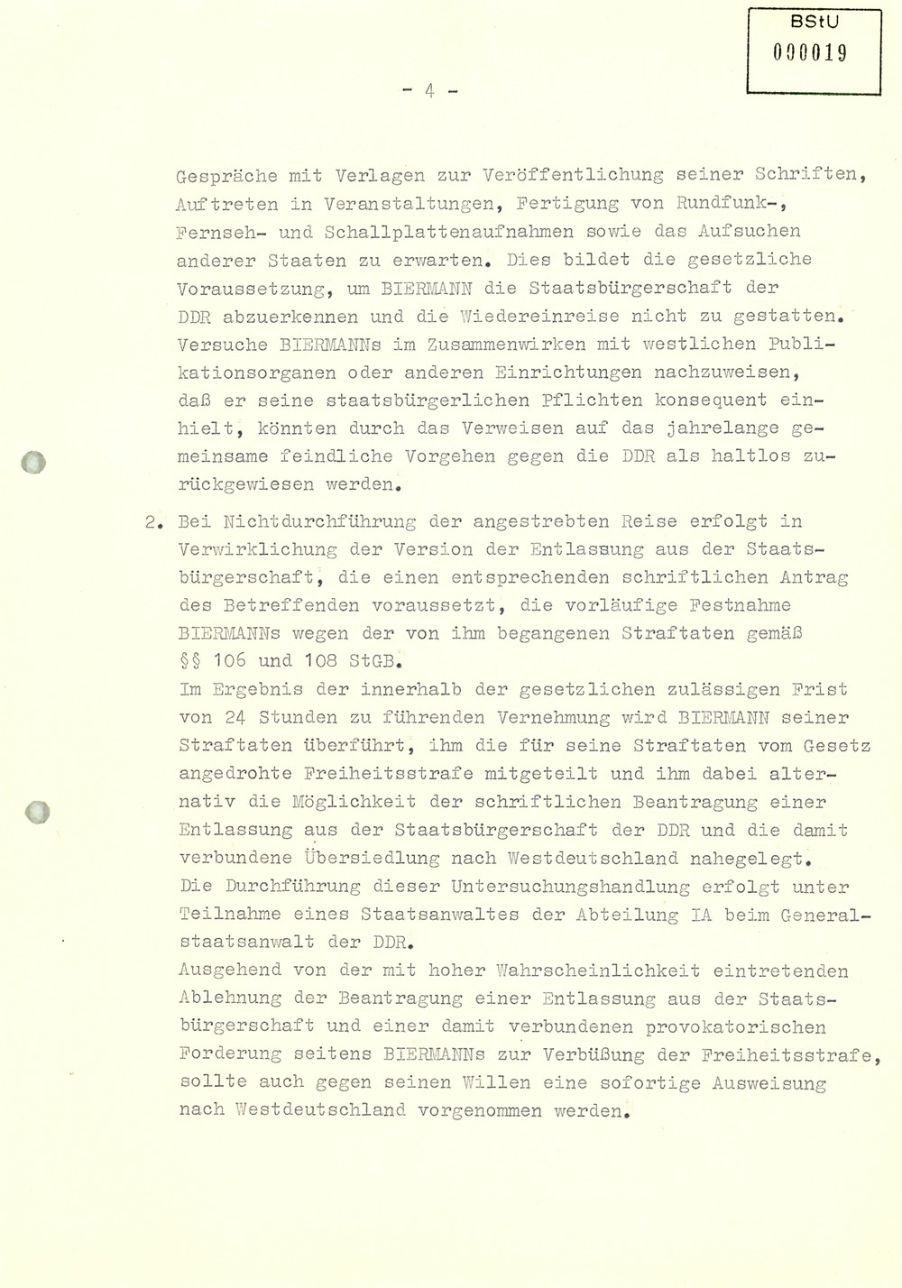 Konzeption zur Ausbürgerung Wolf Biermanns