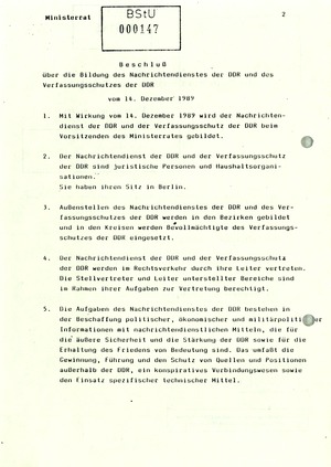 Beschluss des Ministerrats "über die Bildung des Nachrichtendienstes der DDR und des Verfassungsschutzes der DDR"