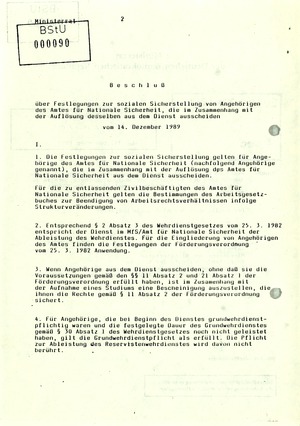 Beschluss des Ministerrats der DDR "zur sozialen Sicherstellung von Angehörigen des Amtes für Nationale Sicherheit"