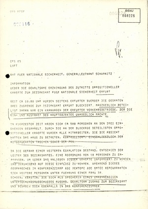 Telegramm von Generalmajor Schwarz an den Leiter des AfNS über die Besetzung des Bezirksamts in Erfurt