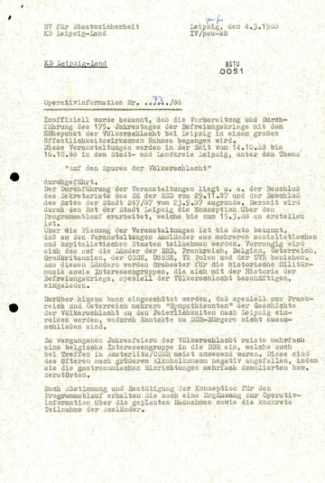 Operativinformation Nr. 73/88 der Kreisdienststelle Leipzig-Land zum 175. Jahrestag der Völkerschlacht