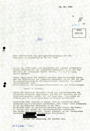 Information über Hintergründe des Sprengstoffanschlages auf die Diskothek in West-Berlin am 5. April 1986