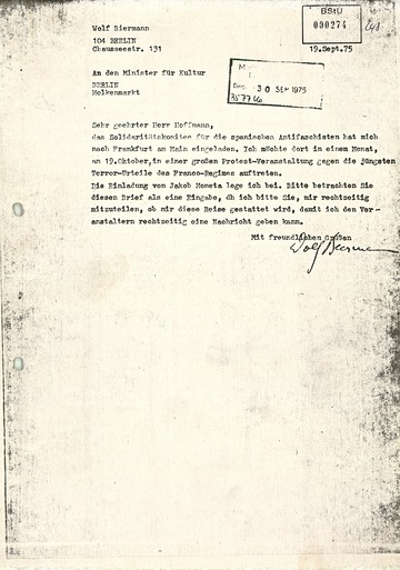 Reiseantrag Wolf Biermanns an das DDR-Kulturministerium vom 19.09.1975