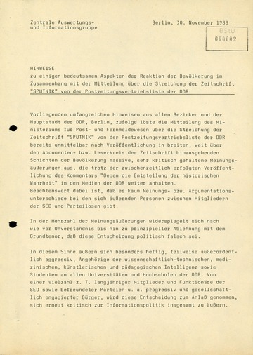 Reaktionen der Bevölkerung auf die Streichung des "Sputnik" von der Postzeitungsvertriebsliste der DDR