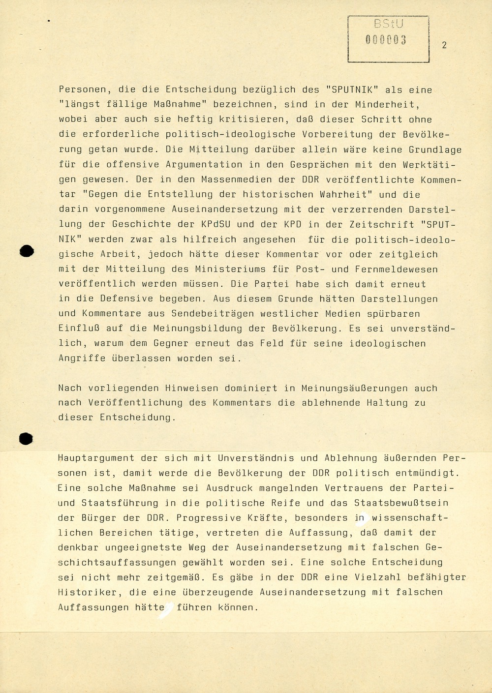 Reaktionen der Bevölkerung auf die Streichung des "Sputnik" von der Postzeitungsvertriebsliste der DDR