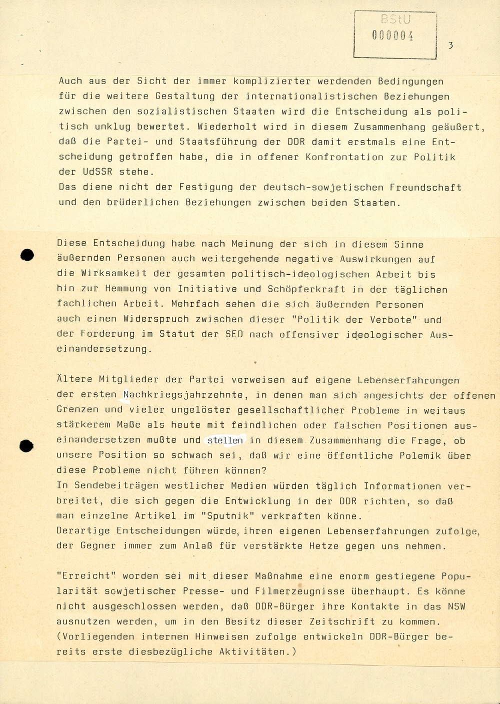 Reaktionen der Bevölkerung auf die Streichung des "Sputnik" von der Postzeitungsvertriebsliste der DDR