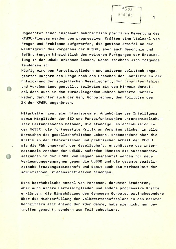 Reaktionen der DDR-Bevölkerung auf das Plenum des ZK der KPdSU