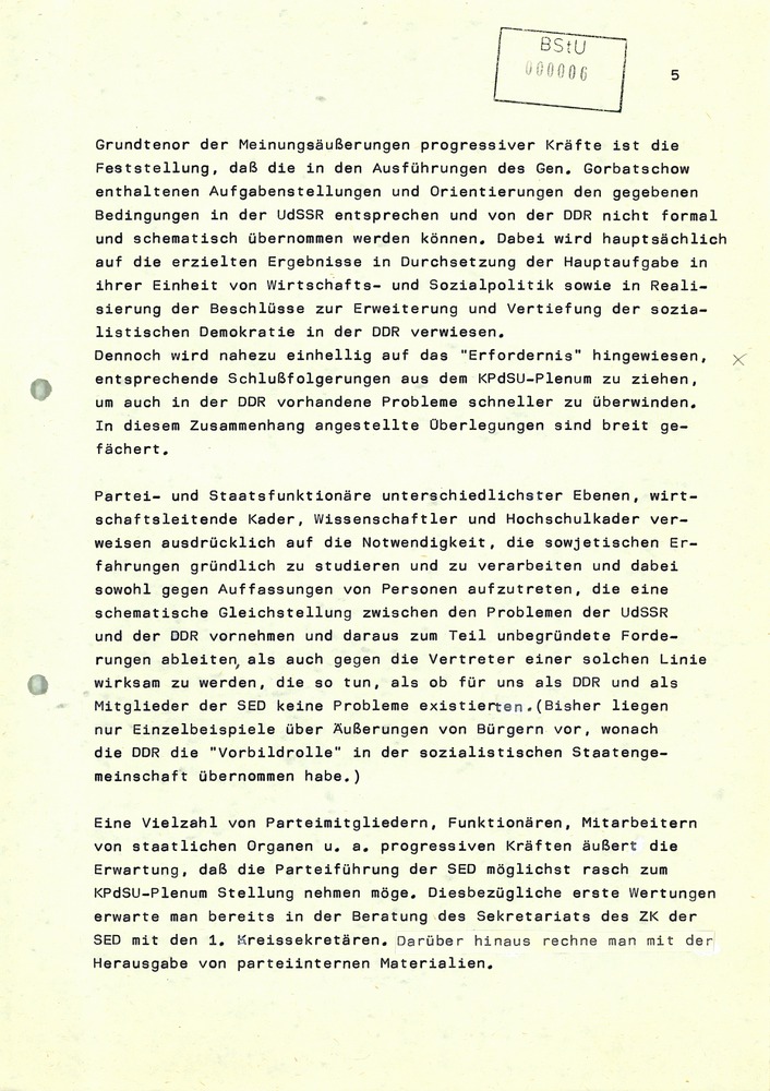 Reaktionen der DDR-Bevölkerung auf das Plenum des ZK der KPdSU