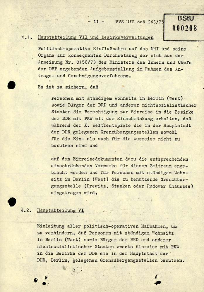 Durchführungsbestimmung zum Befehl 13/73 über den Einreiseverkehr während der X. Weltfestspiele der Jugend